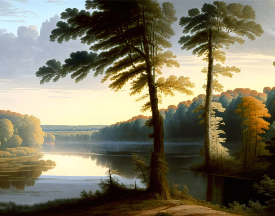 Serene forest sunset scene with river reflections and tall pine trees