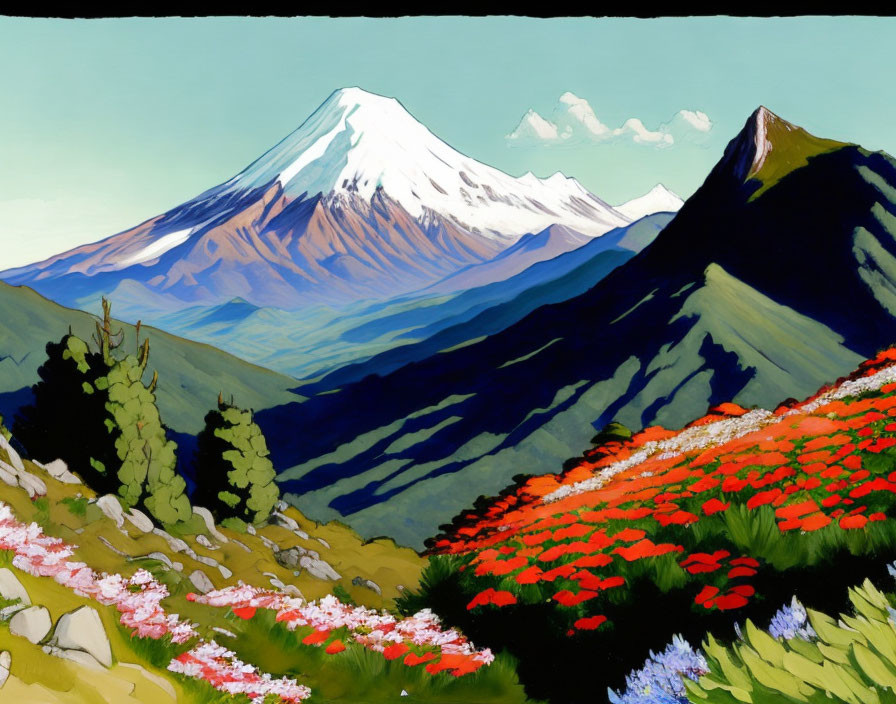 Vibrant landscape illustration with snow-capped mountain and red flowers