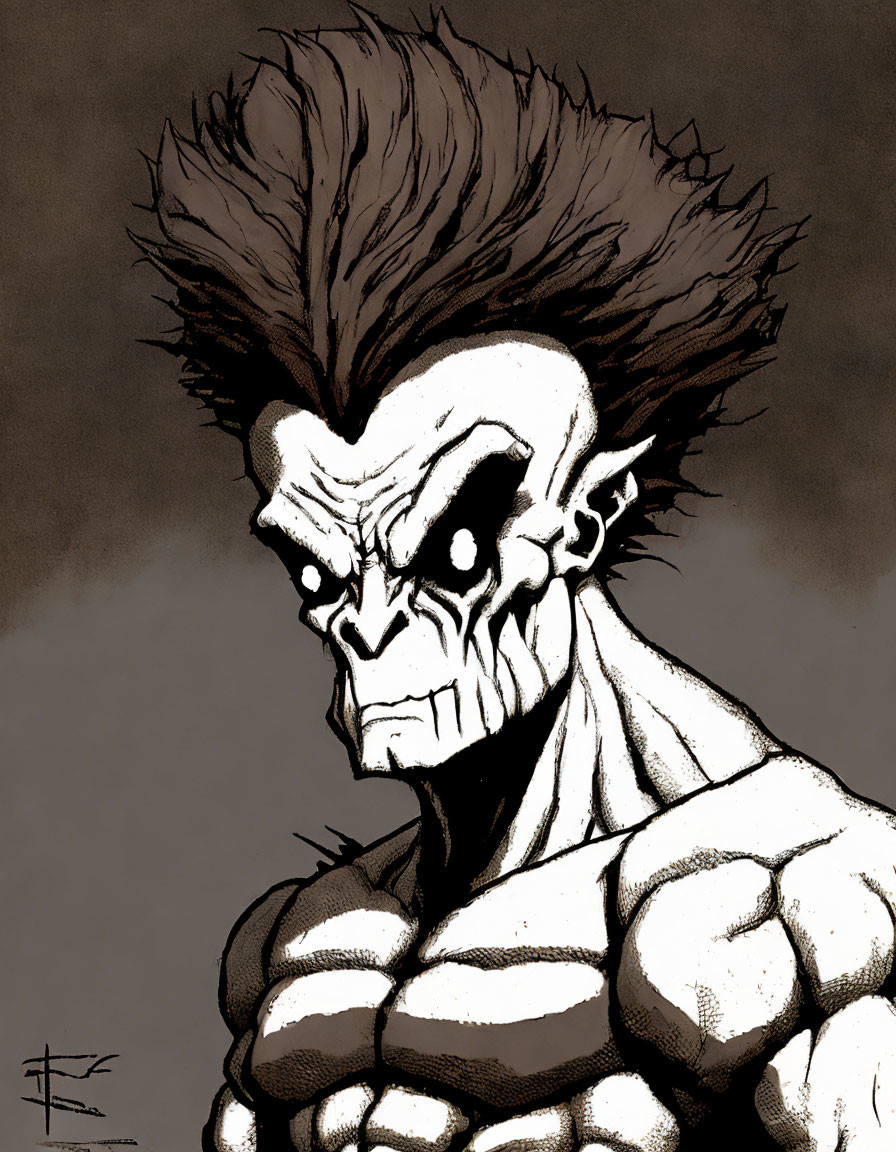 Muscular character with mohawk in black and white.