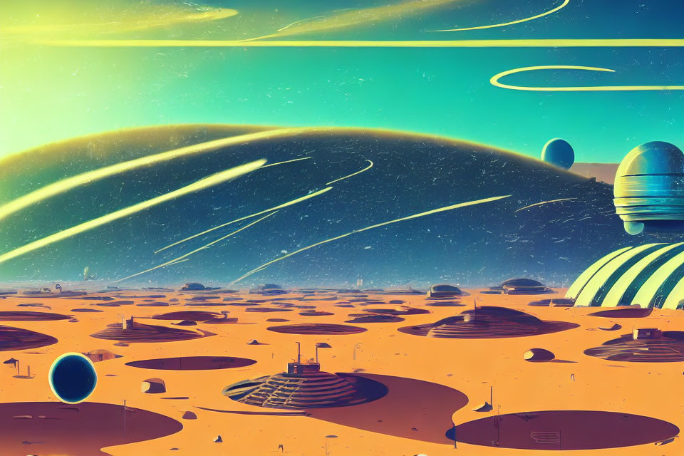 Alien desert with futuristic structures under a multi-ring sky