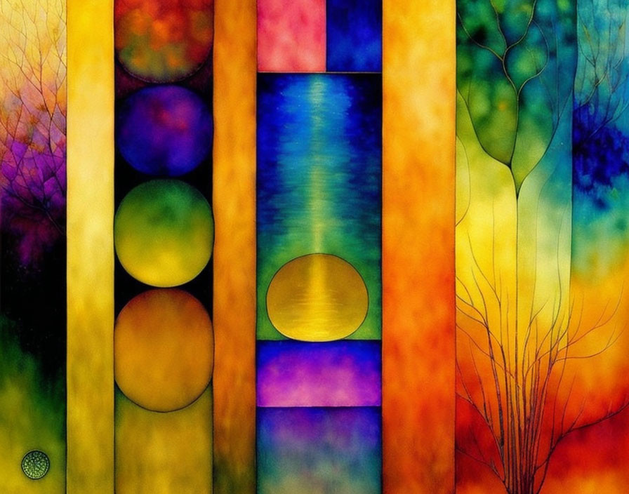 Colorful Abstract Painting with Vertical Bands and Tree Silhouettes