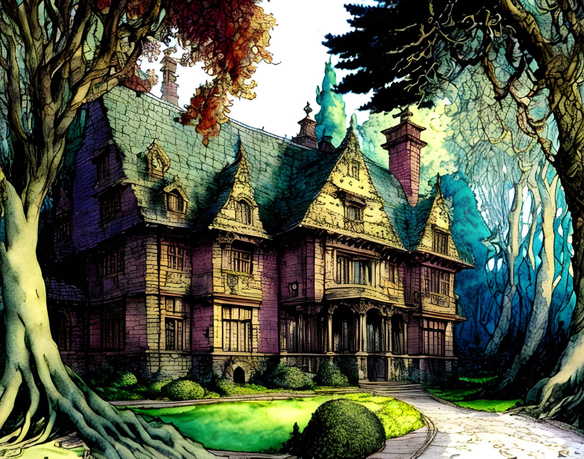 Illustration of eerie mansion in mystical forest