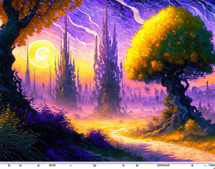 Colorful Fantasy Landscape with Whimsical Trees and Glowing Sun