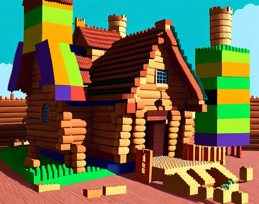 Vibrant Lego-Style Art: Whimsical House Against Blue Sky