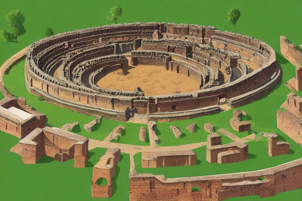 Ancient Roman amphitheater with tiered seating and surrounding ruins.