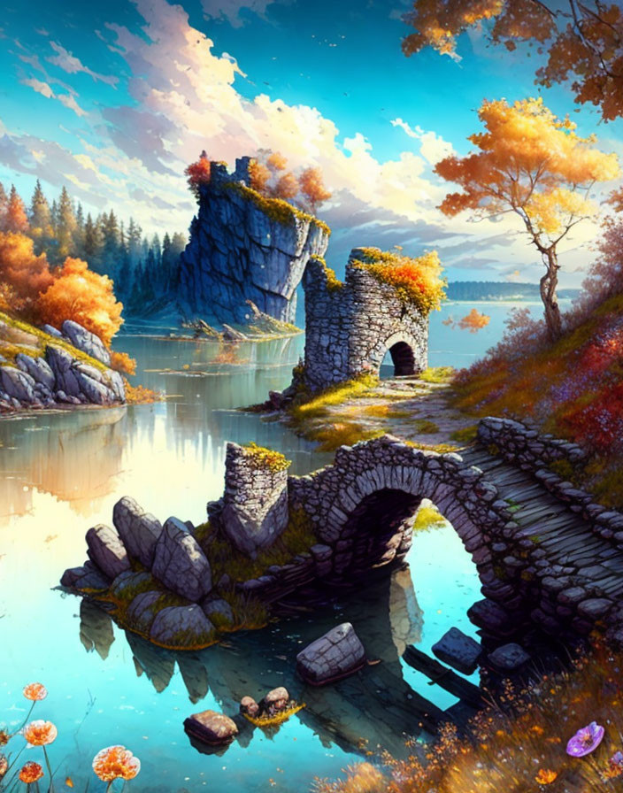 Tranquil lake with stone bridge in autumn landscape
