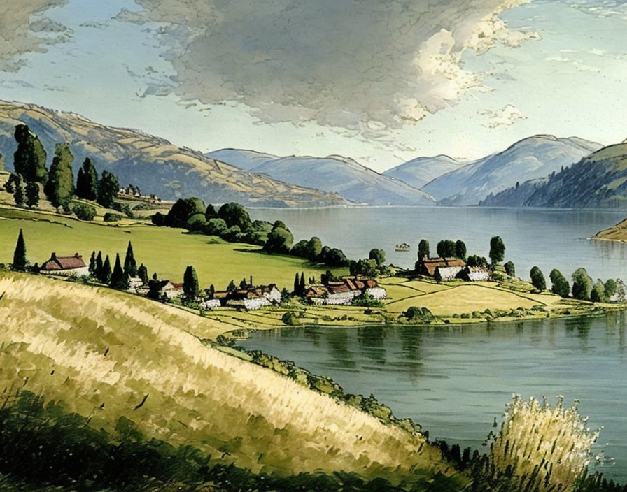 Tranquil lake and rolling hills with houses and trees