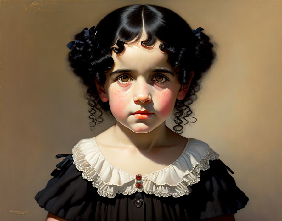 Realistic portrait: young girl with curly black hair, rosy cheeks, dark eyes, black and