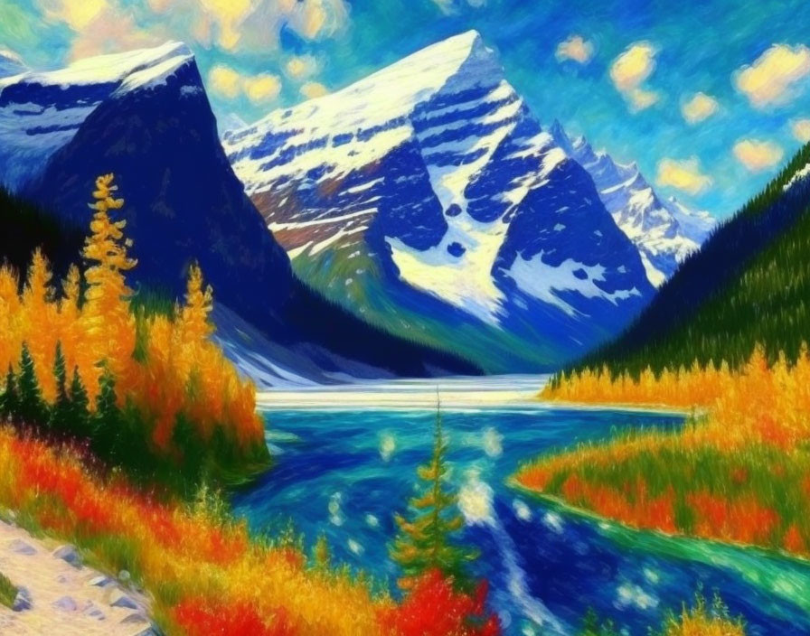 Scenic mountain landscape with river and autumn foliage under blue sky