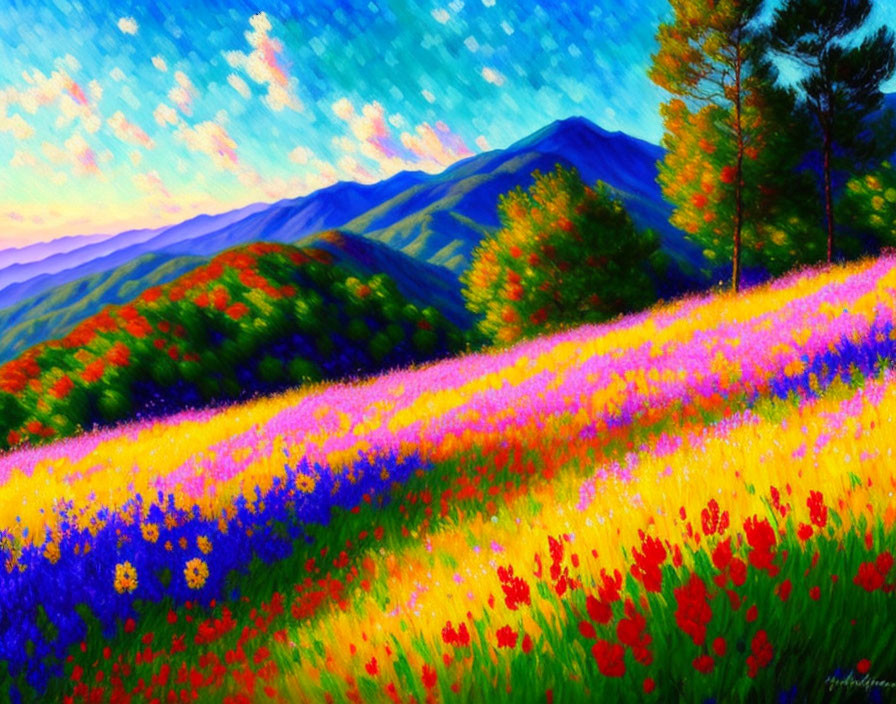 Colorful Flower-Covered Hillside with Blue Mountains