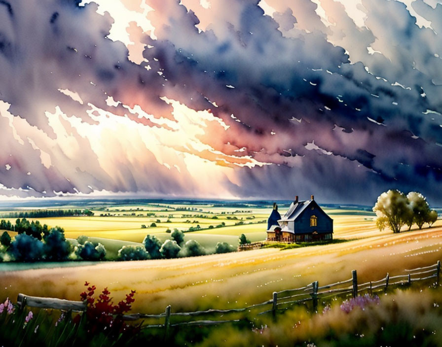 Colorful Watercolor Painting of Countryside House & Dramatic Sky