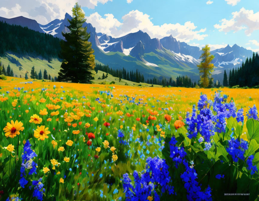 Colorful wildflower meadow with mountains and pine trees landscape