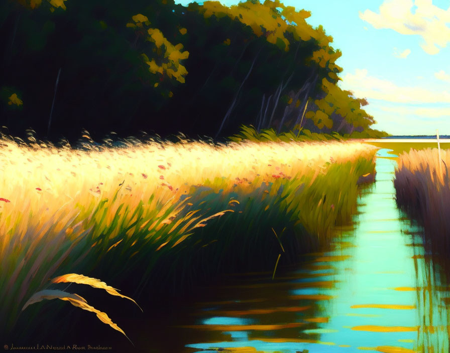 Serene marshland painting with stream and lush vegetation