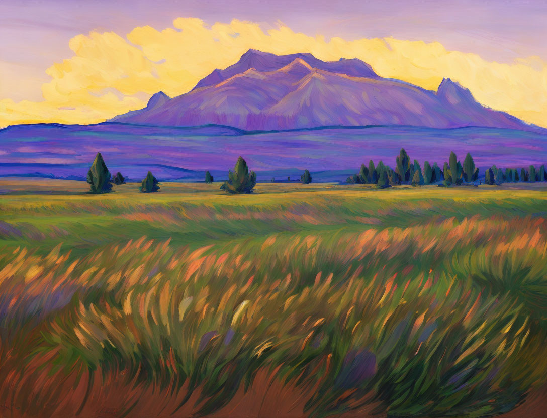 Scenic landscape painting with majestic mountain, lush grass, and yellow sky