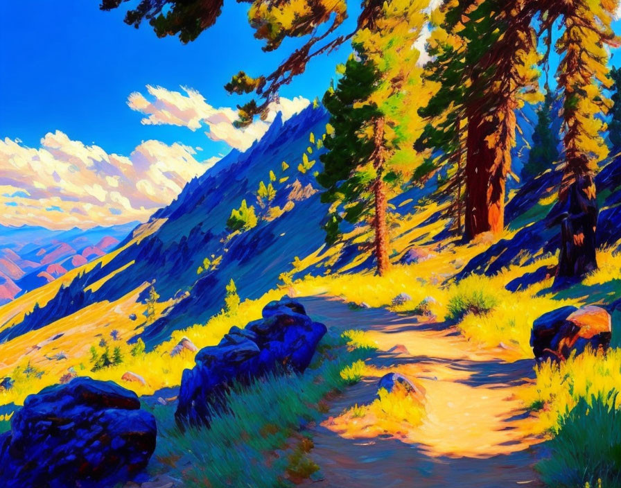 Colorful Painting of Sunlit Forest Path with Pine Trees