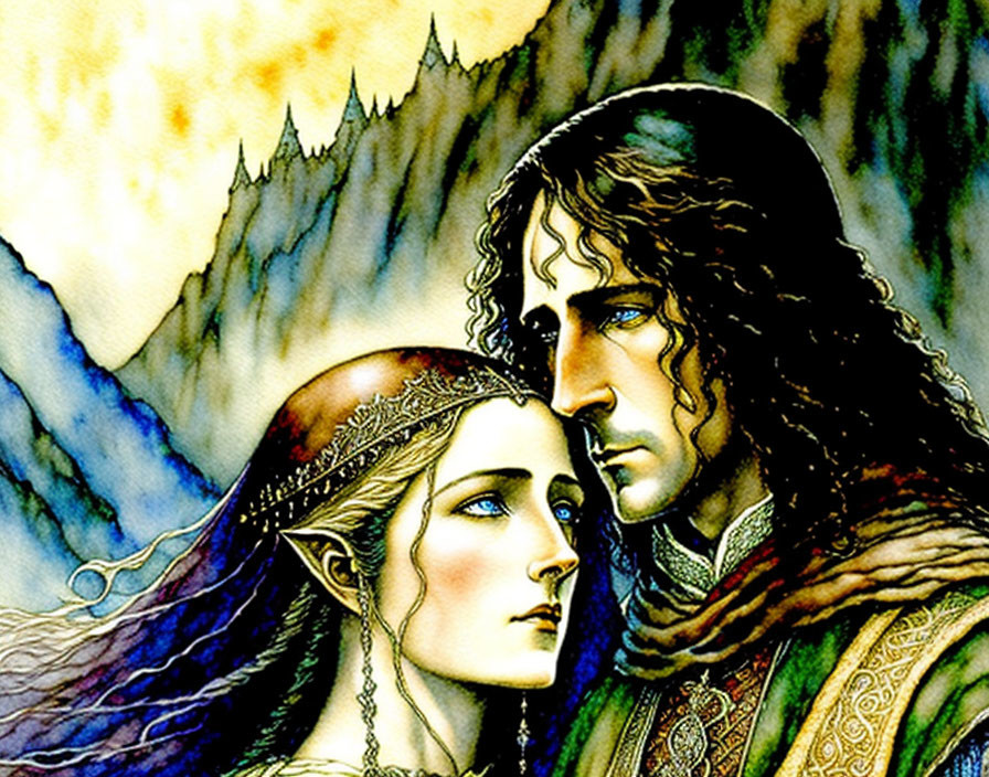 Medieval fantasy couple in elaborate attire against mountain backdrop