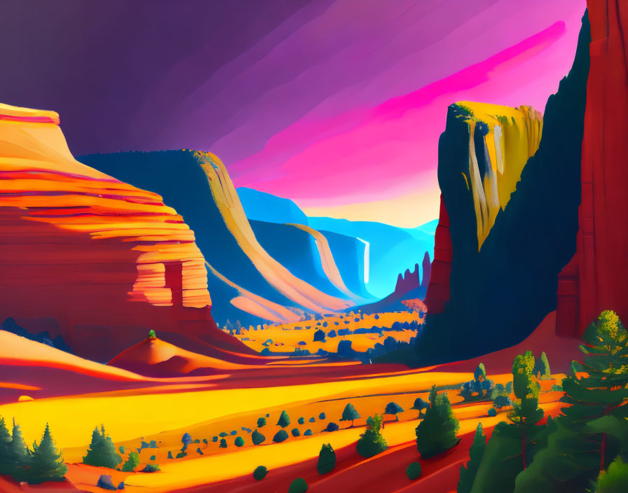 Colorful digital artwork: Canyon with orange cliffs, purple and pink sky, green trees.