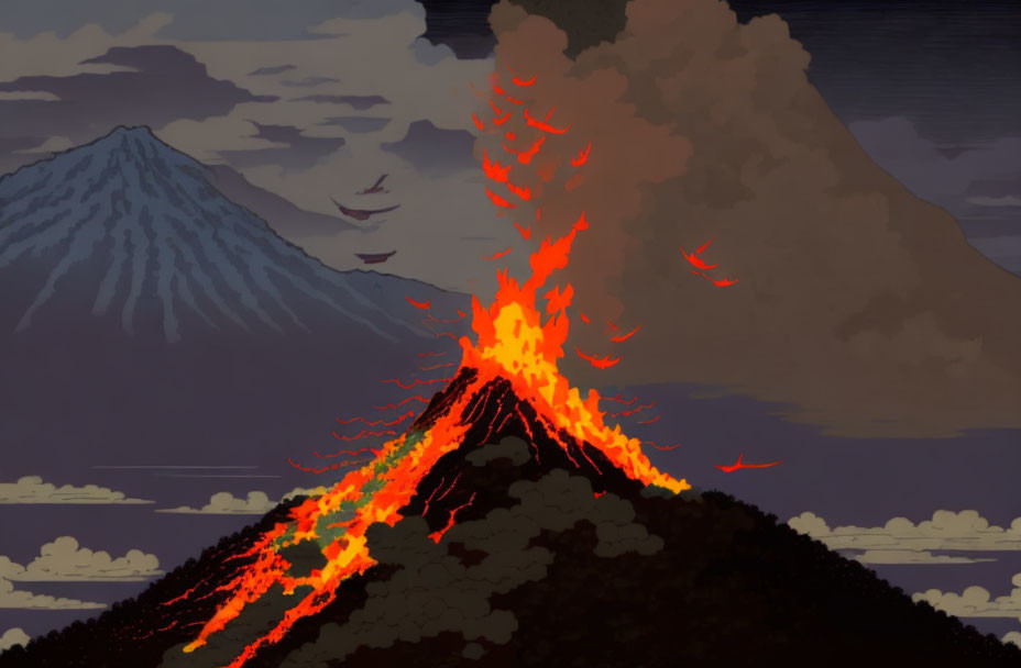 Erupting volcano with flowing lava and tranquil mountain scene