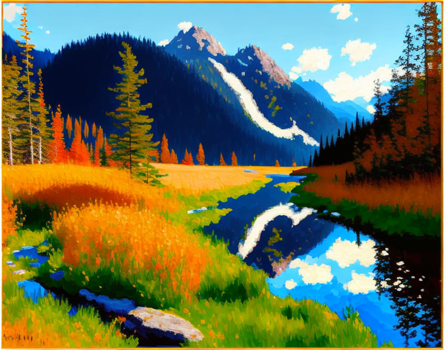 Serene mountain landscape with autumnal trees and river.