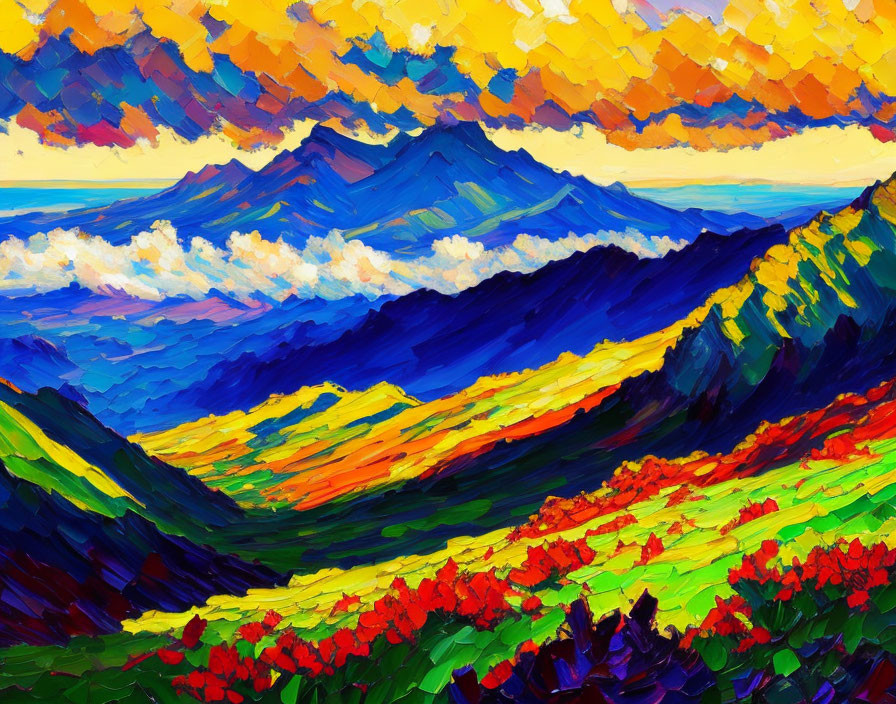 Vibrant impressionistic mountain landscape with red flowers