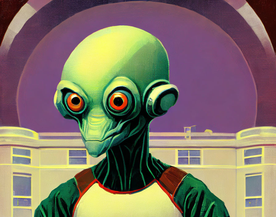 Green-skinned alien with orange eyes in headphones on retro backdrop.