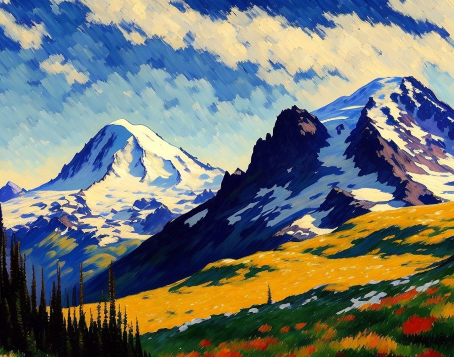 Scenic painting of snow-capped mountains and wildflowers in vibrant colors