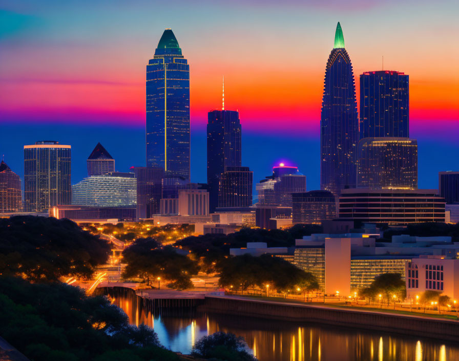 City skyline at sunset with illuminated buildings and river reflections