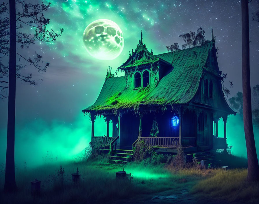 Eerie Victorian house under full moon with green fog & blue windows