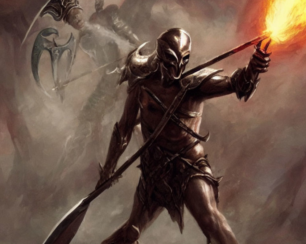 Dark-armored warrior with spear and shield on grim battlefield.