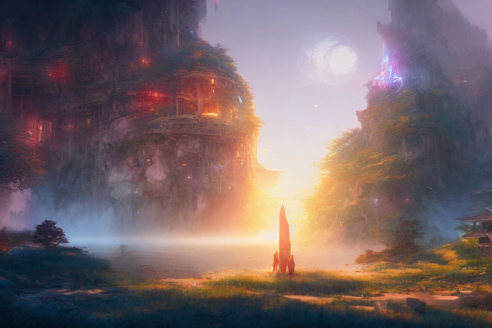 Mystical sunset landscape with ancient ruins, moon, and figure