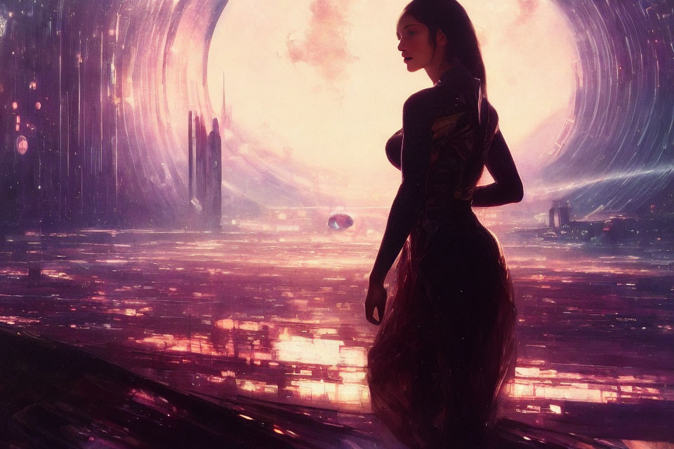 Woman standing in foreground at vibrant spaceport with spacecraft and cosmic backdrop in purple hues