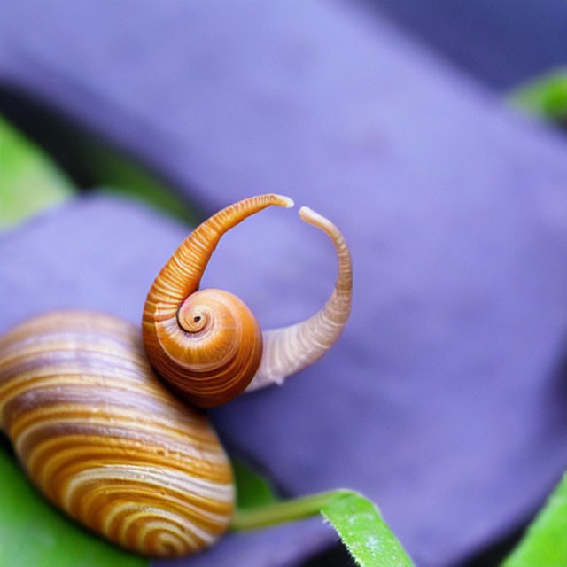 Detailed Snail Spiral Shell Close-Up on Leaf with Purple Background