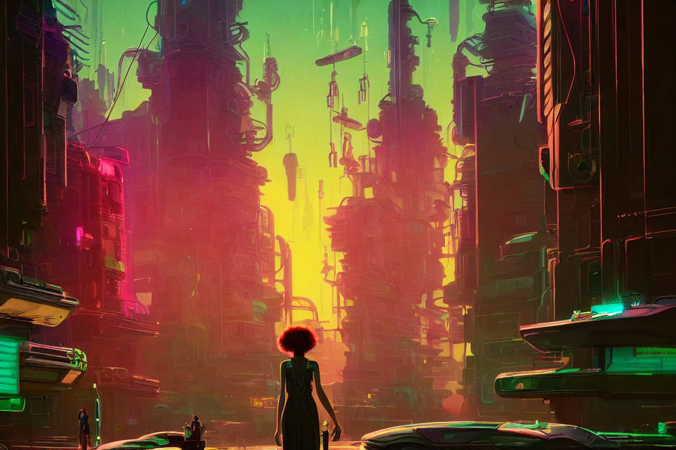 Silhouetted individual with afro against futuristic cityscape at sunset