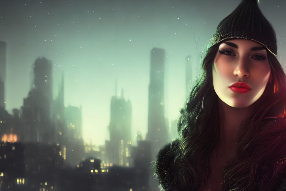 Woman with red lips in beanie against night cityscape with stars.