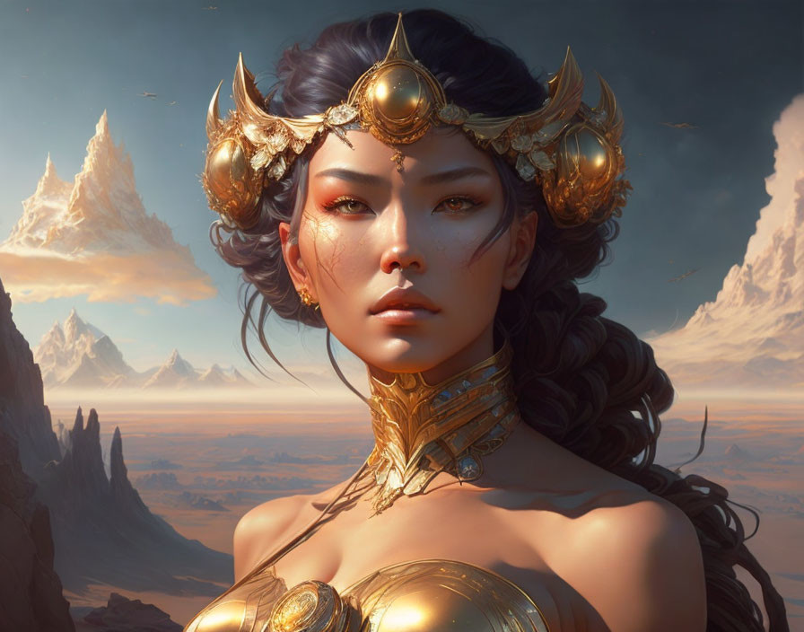 Digital art portrait of woman in ornate golden armor against dramatic mountain backdrop