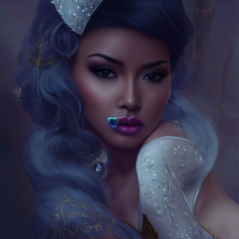 Digital artwork of woman with blue hair, gold accessories, white dress with gold patterns