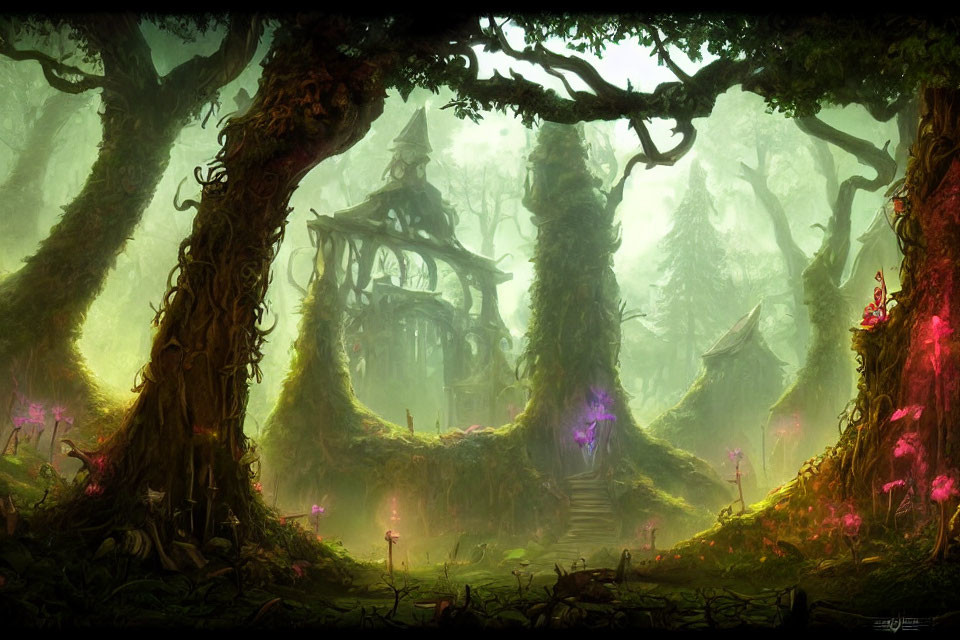 Mystical forest with old trees, glowing plants, and stone stairway