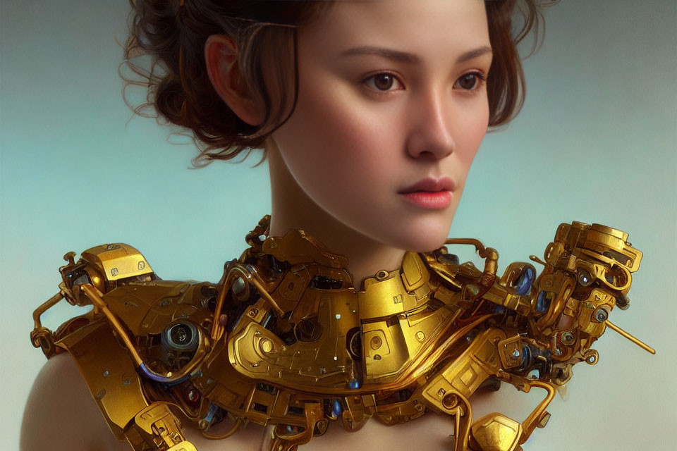 Digital artwork: Human female face merged with intricate mechanical parts, hinting at a cyborg.