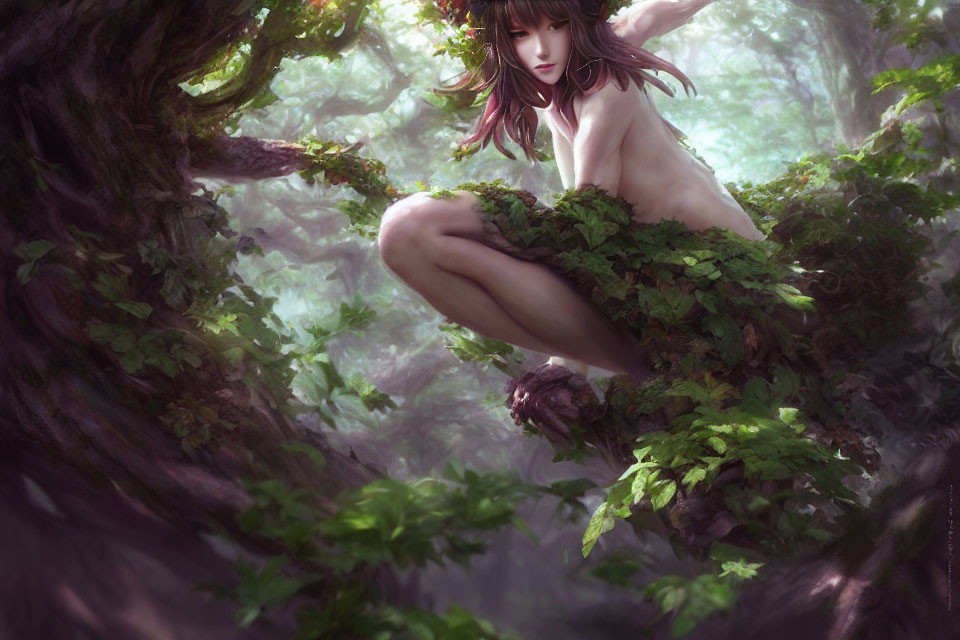 Fantasy artwork: Female figure surrounded by foliage in mystical forest