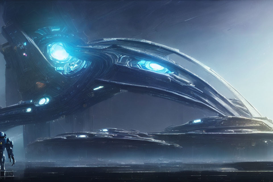 Futuristic spacecraft with blue lights in dimly lit hangar