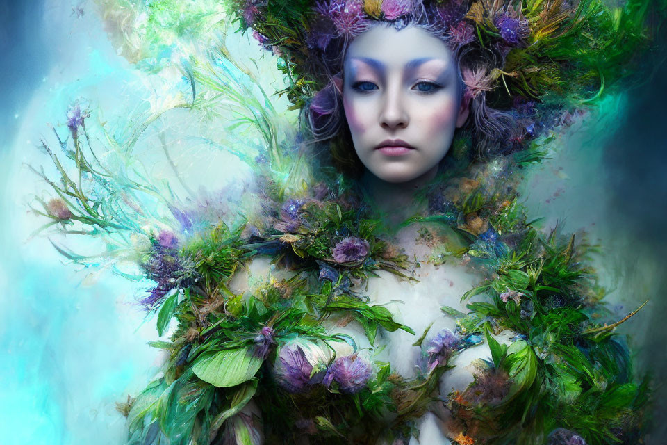 Woman in ethereal makeup and lush greenery costume against dreamy backdrop