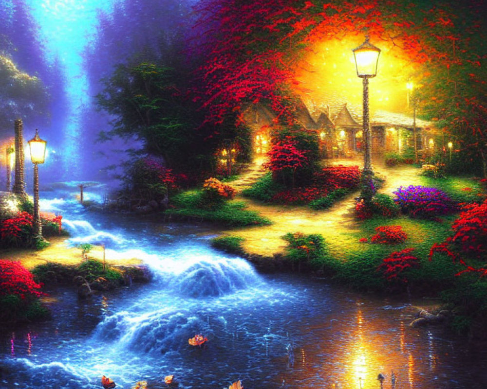 Colorful landscape with serene river, ducks, lanterns, and cottages