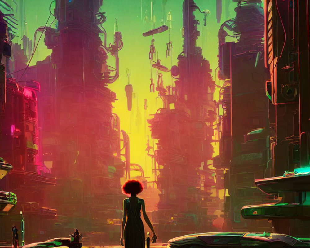 Silhouetted individual with afro against futuristic cityscape at sunset