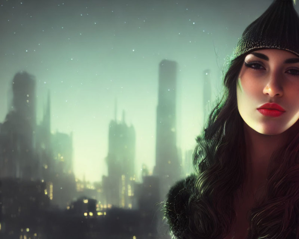 Woman with red lips in beanie against night cityscape with stars.