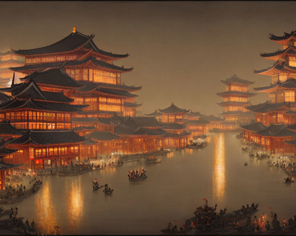 Night scene of Asian architecture by illuminated water canal