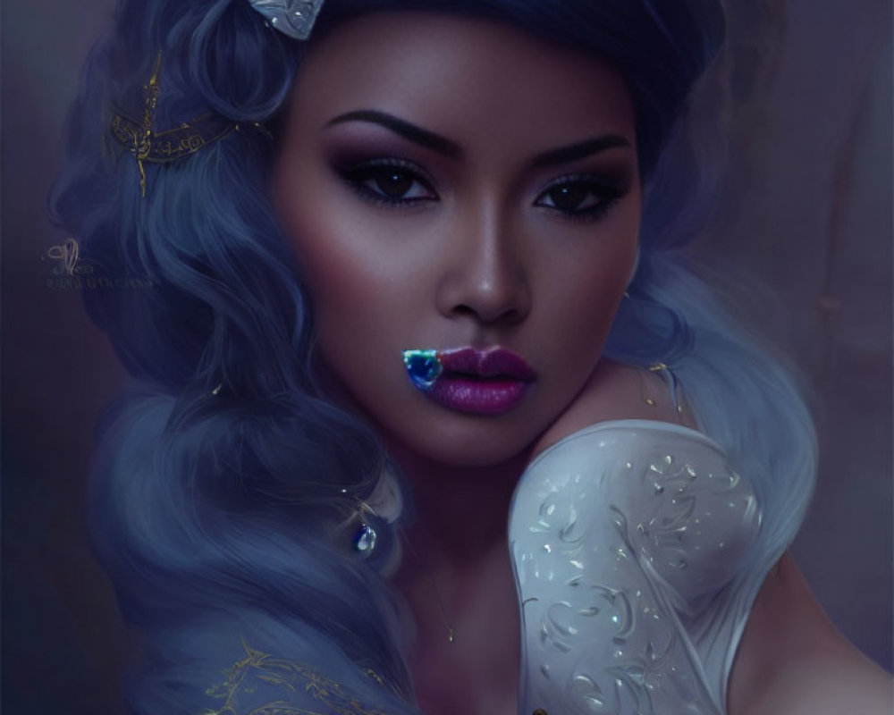 Digital artwork of woman with blue hair, gold accessories, white dress with gold patterns