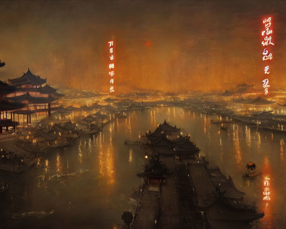 Ancient Chinese riverside town: traditional architecture, lanterns, boats at dusk