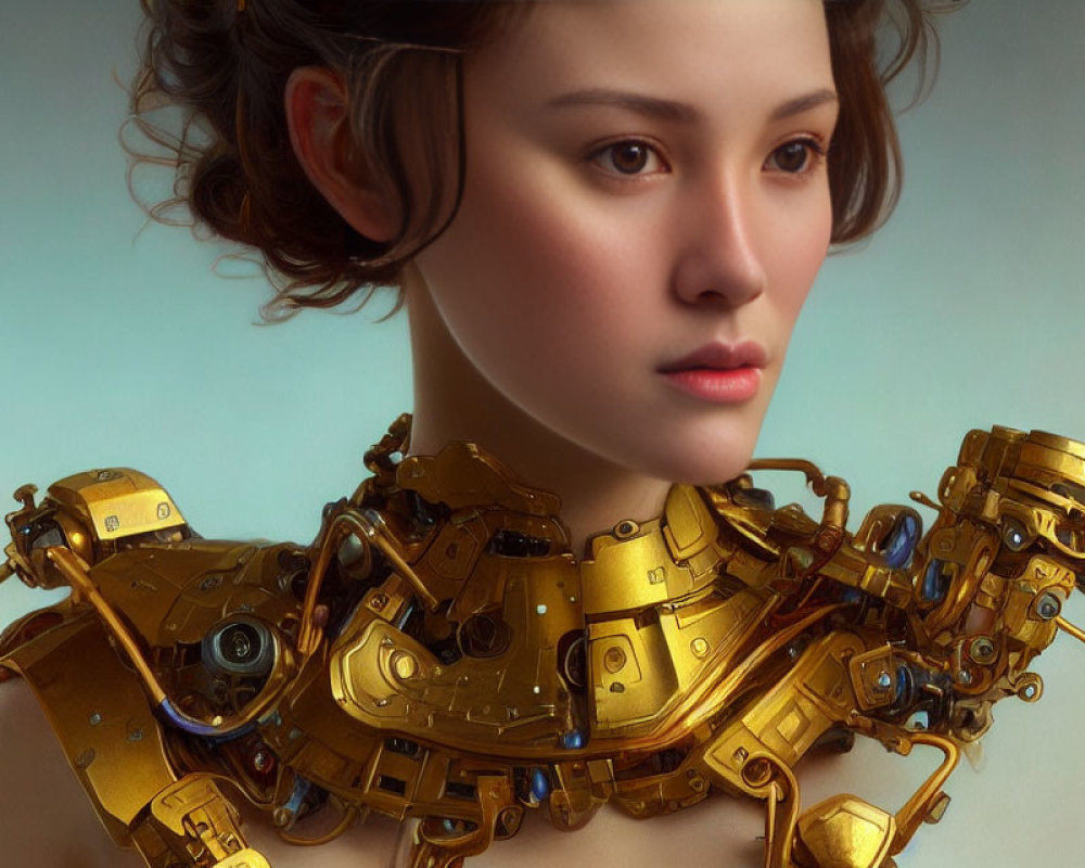 Digital artwork: Human female face merged with intricate mechanical parts, hinting at a cyborg.