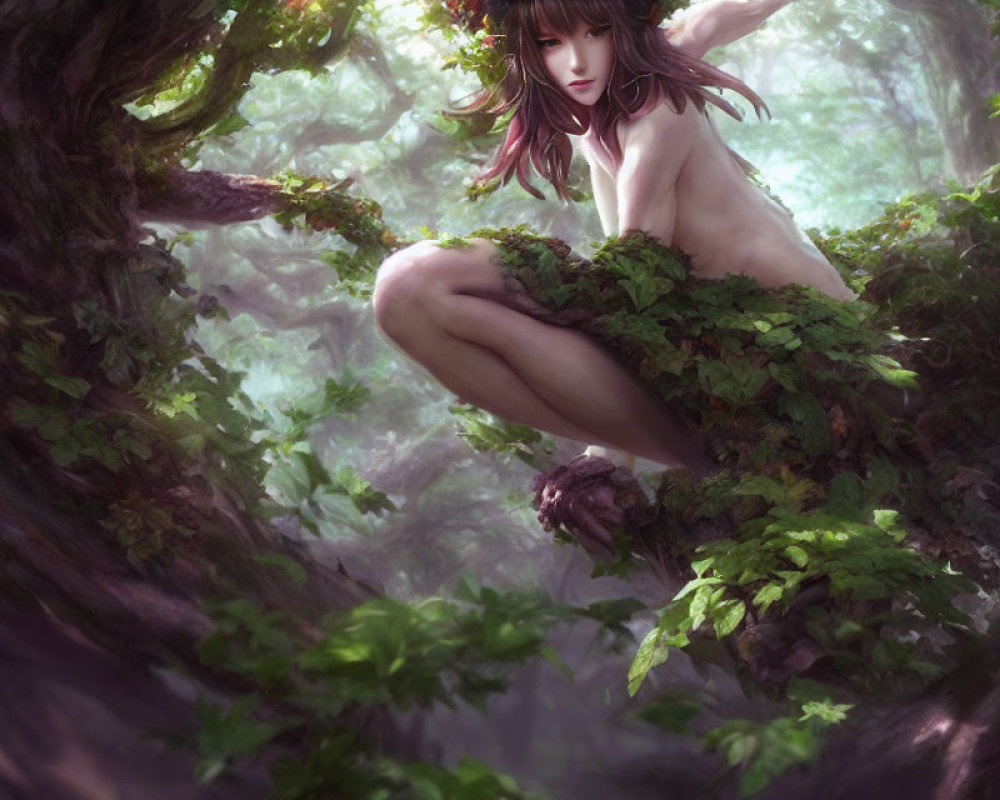 Fantasy artwork: Female figure surrounded by foliage in mystical forest