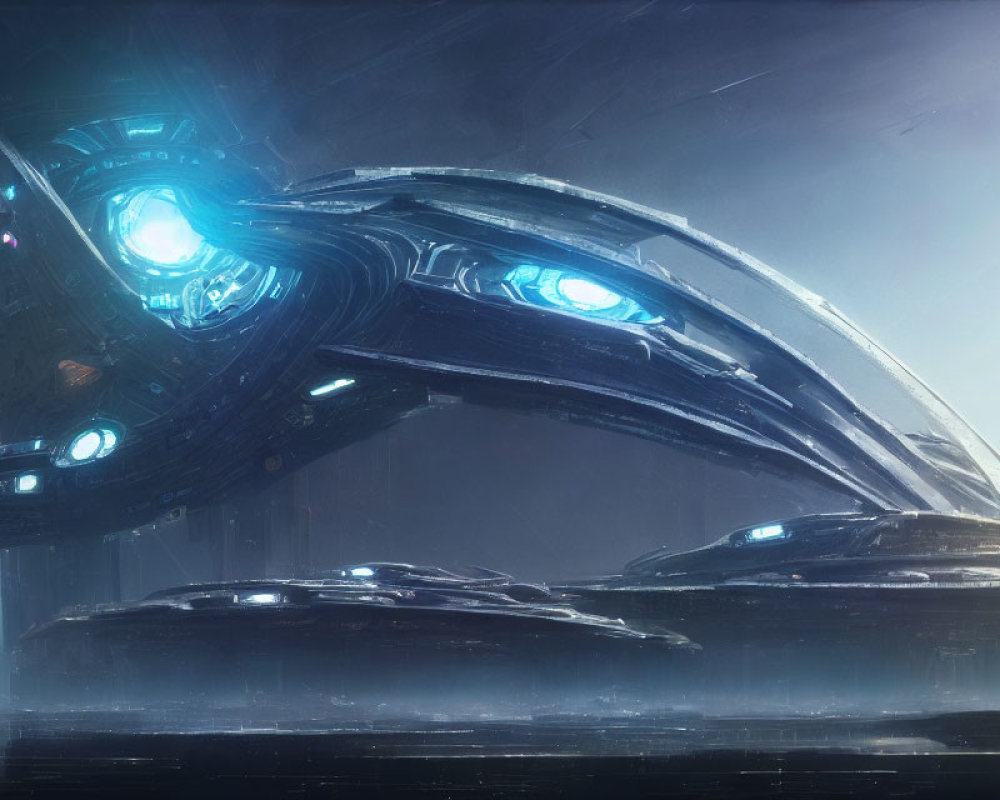 Futuristic spacecraft with blue lights in dimly lit hangar